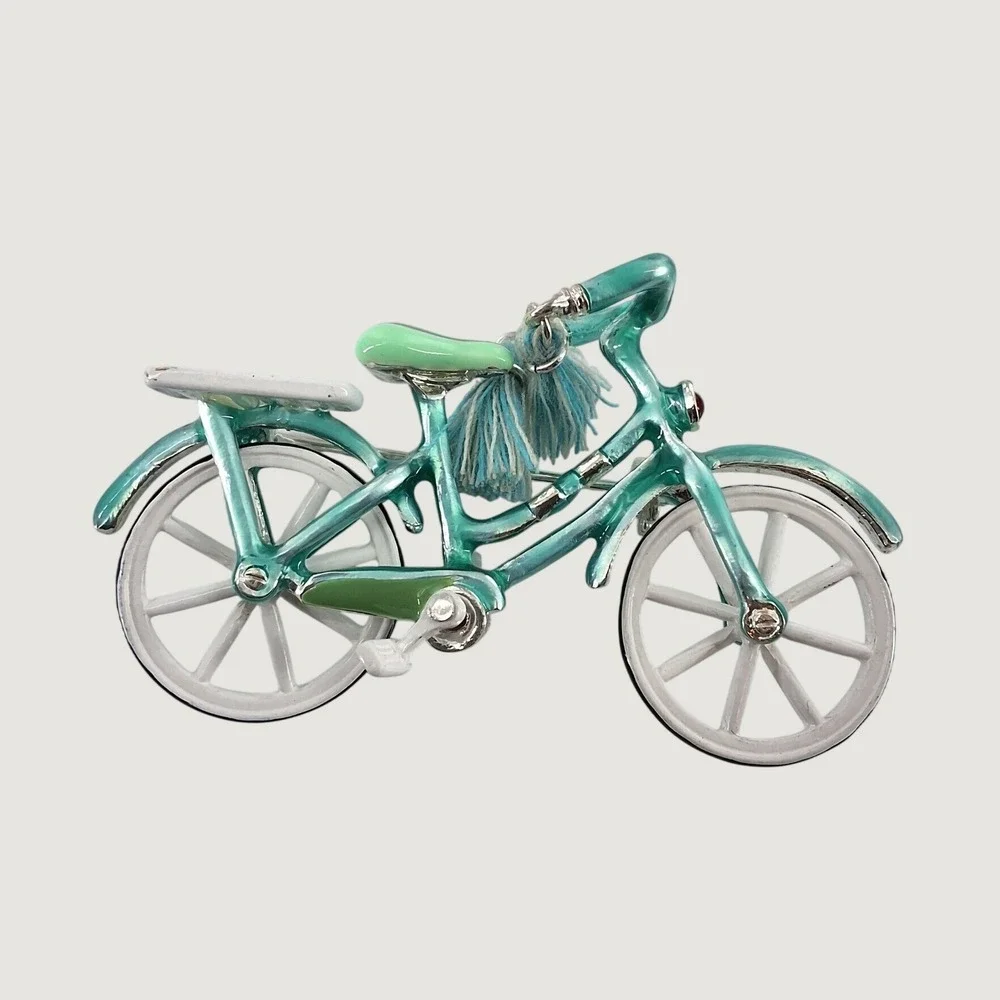 Teal Enamel Bicycle Brooch Silver Tone Tassel Rhinestone‎ Novelty Pin Accessory